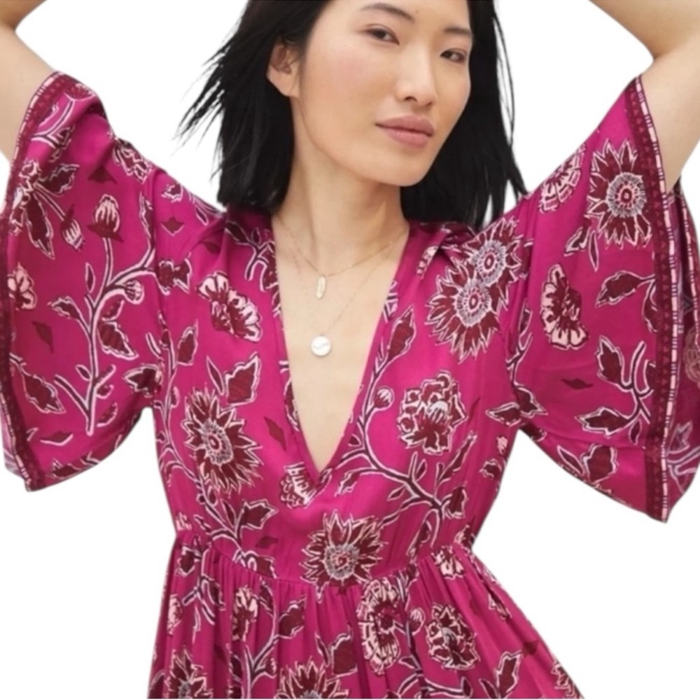 Anthropologie Omika Pia Caftan Boho Ethereal Beachy Maxi Dress Pink + Floral XS - Picture 4 of 14
